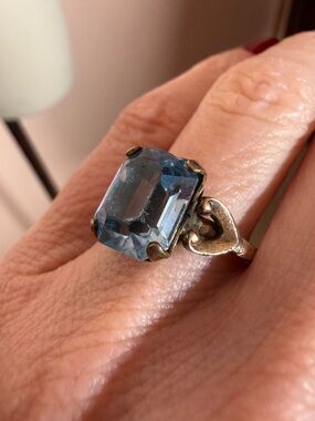 Clark & Comb vintage 1940's Gold Fill Pale Blue glass emerald Cut Cocktail Ring